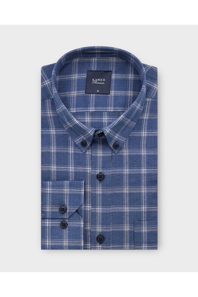 KAMER Men's Regular Fit Long Sleeve Buttoned Collar Double Pocket Plaid Blue ...