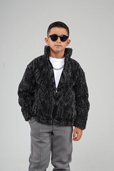 Butik Trend Biz Kids' Stand Collar Zippered Patterned Plush Fleece