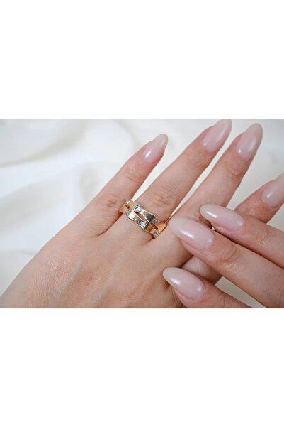 ATELİER TUĞBA Yzk261 Gold Color Chain Form White Stone Modern Adjustable Ring