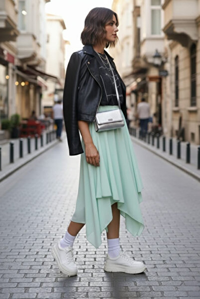 BNZ TEKSTİL Women's Asymmetrical Banana Crepe Double Layer Comfortable Fit Sk...