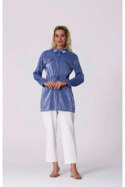 modahira Moda Hira Kadın Mavi Beli Büzgülü Rahat Kalıp Poplin Gömlek