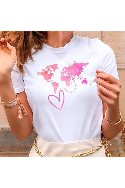 Kartier Women's White Pink World Map T-Shirt