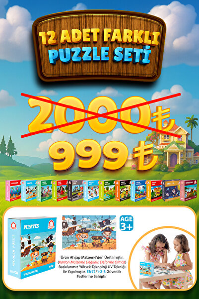 Hopiers Montessori Ahşap Puzzle Seti 12’li – 480 Parça – 12 Tema – 3+ Yaş
