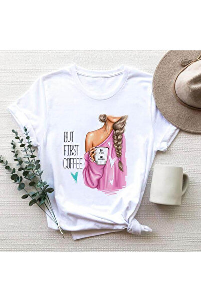 Kartier Tricou Dama Alb But First Coffee (Pink)