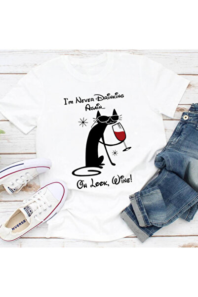 Kartier Tricou Dama Alb Wine Drinking Cat