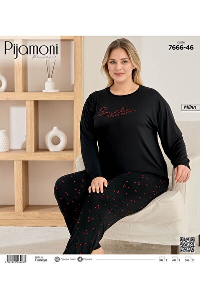 Pijamoni Milan Kumaş Büyük Beden Uzun kollu Bisiklet Yaka Pijama Takımı