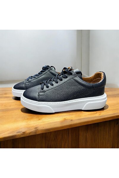 Erkek Lacivert Bağcıklı Kalın Tabanlı Deri Sneaker Ayakkabı