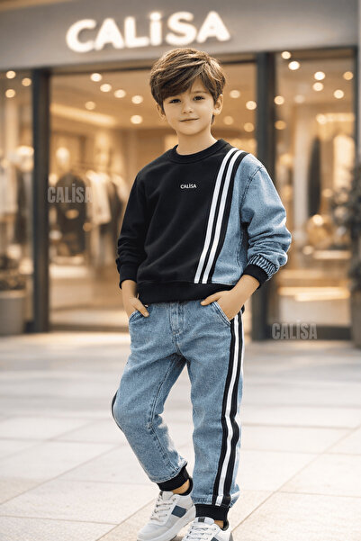 CALİSA Boy's 2-Piece Set |   Denim Detailed Sweatshirt & Trousers |   Eid Sty...