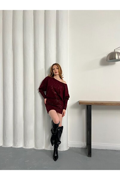 Joi Kadın Yeni Sezon Derin Madonna Uzun Kollu simli Detaylı Kadın Elbise 0032