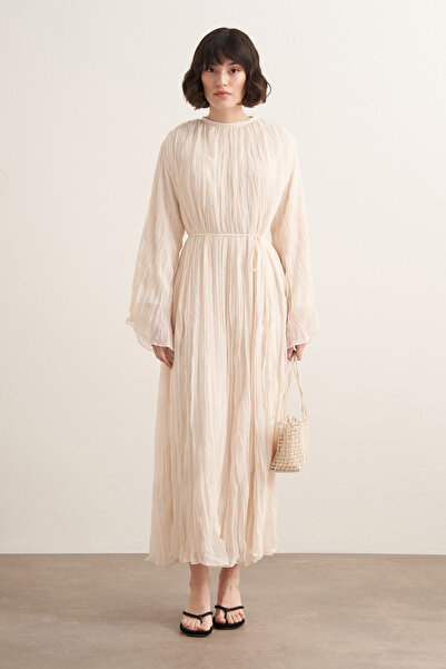 Moca Fouzia Crush Şifon Elbise Ekru