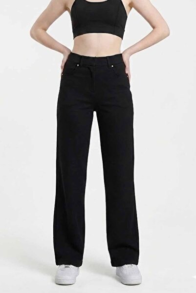 rekor sports Pantaloni negri de damă cu talie înaltă și croială largă, cu asp...