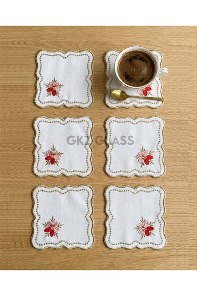 gkzglass home dekor 6 Linen Fabric Embroidered Coffee Side Cocktail Napkins & Coasters Serving Napkins