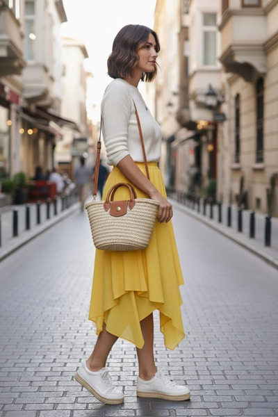 BNZ TEKSTİL Women's Asymmetrical Banana Crepe Double Layer Comfortable Fit Sk...