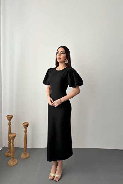 LOKADI Жіноча чорна сукня з рукавами-ліхтариками, коміром-стійкою та середньо...