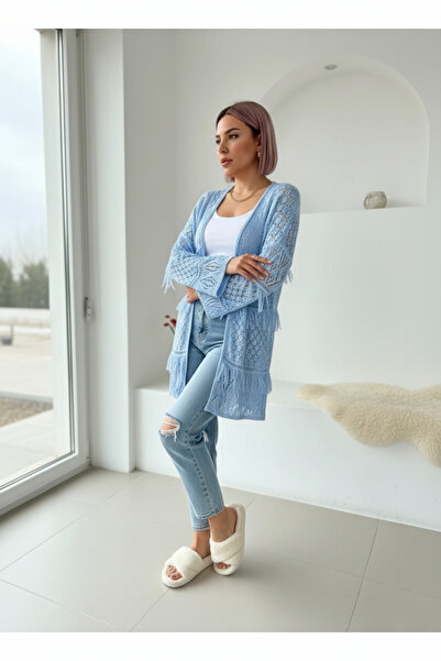 Teenage Millionaire Women's Blue Tasseled Lace Woven Detailed Cardigan Sweater