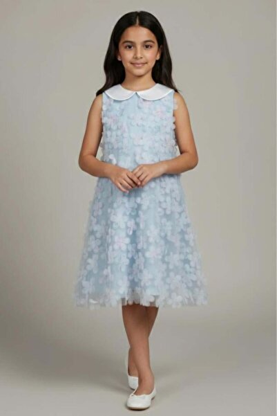 Alesaei-mondo tondo فستان بناتي سهرات سماوي مزين بزهور بارزة S01277