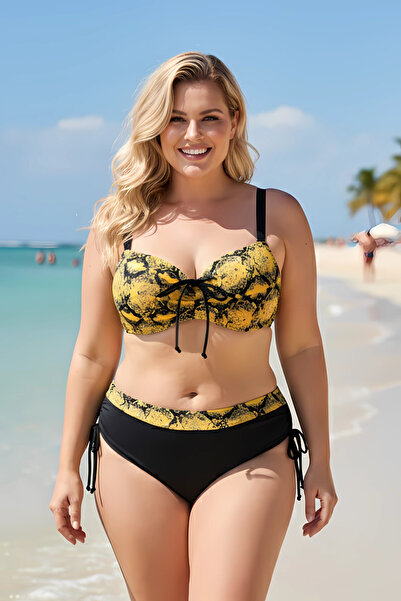 hazelin Women's Yellow Black Patterned Stone Embroidered Gathering Bikini Set...