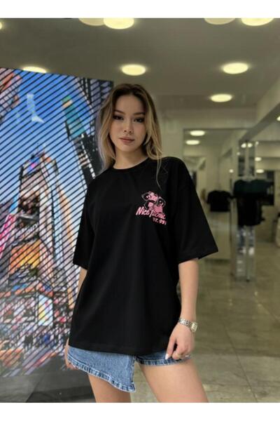 moda paketi Women's Front Minimal Back Printed Oversize T-Shirt