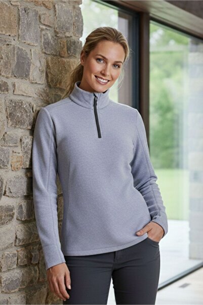 KNUP Women's Half-Zip High Collar Gray Melange Fleece Sweatshirt