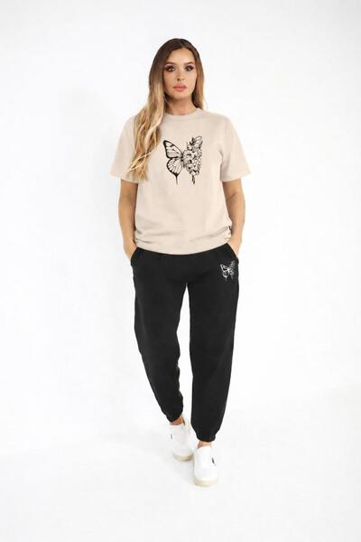 zeag Women's White Butterfly Printed Tracksuit T-Shirt Set