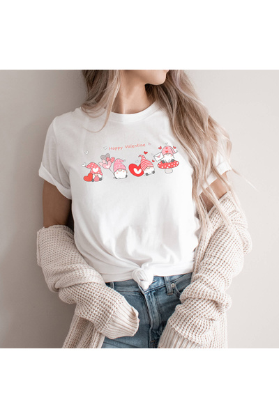 Kartier Women's White T-Shirt Happy Valentine's Day Gnome