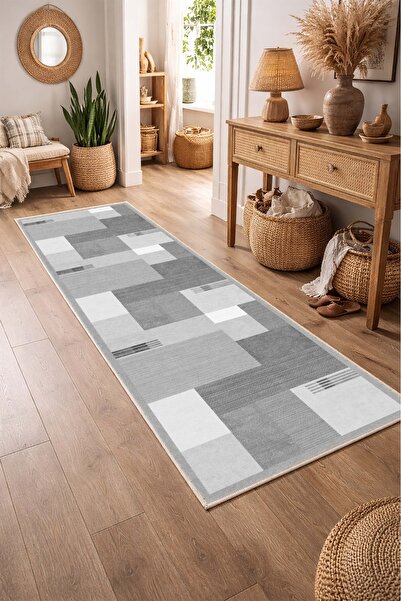 VOPTEKS Gri Halı Yolluk Makinede Yıkanabilir Halı Kaymaz Taban Halı