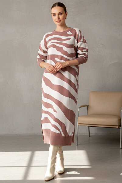 Kirazgym Women's Zebra Pattern Slit Detailed Knitwear Dress - Dusty Rose
