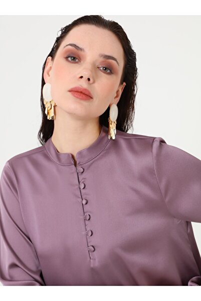 Refka Satin Fabric Brit Button Detailed Hijab Dress - Lavender -