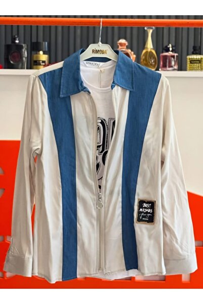 SCZ Mavi-Beyaz Zipli Gömlek ve Baskılı Bluz Seti