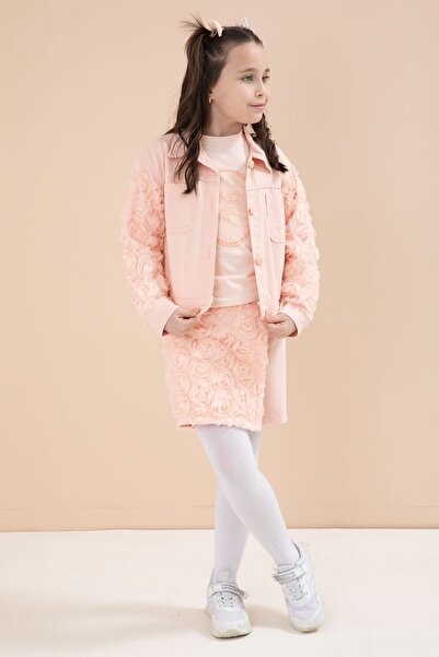 Cansın Mini طقم بناتي من 3 قطع بتفاصيل زهرة السلمون مع تنورة قصيرة وسترة 23610