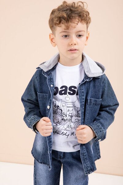 CansınMini Navy Blue Hooded Jean Jacket and Pants, Boy's Printed T-Shirt, 3-Piece Set 23617