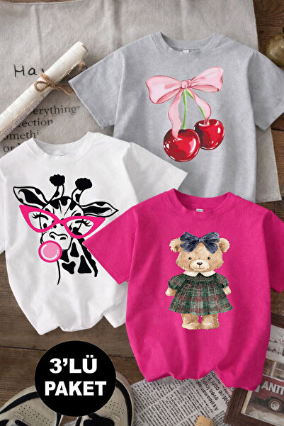 twins tailors Трикотажна блуза за момичета с принт на жираф и череши, в сиво-...