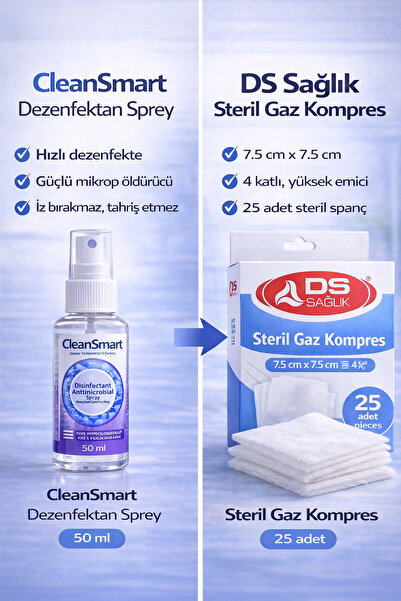DS PLUS DS Sağlık Steril Gaz Kompres 7,5×7,5 cm 25 Adet + CleanSmart 50 ml De...