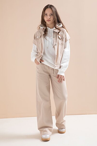 Cansın Mini Beige Buttoned Zero-Sleeve Vest and Wide-Leg Pants Girls' Hooded ...