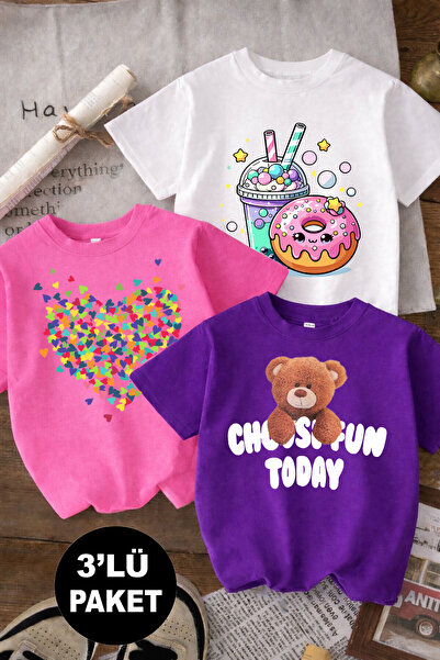 twins tailors Тениска за момичета с принт „Сърце и напитка“, 3 броя, бяла-роз...