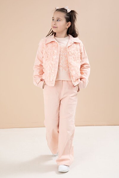 Cansın Mini سترة مطرزة بالورود من الأمام مع بنطلون للفتيات، طقم من 3 قطع 23607