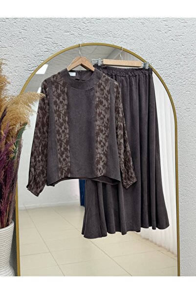 BENAHOLL Ayten Sleeves and Patterned Front Skirt Set-Mf1877 Brown