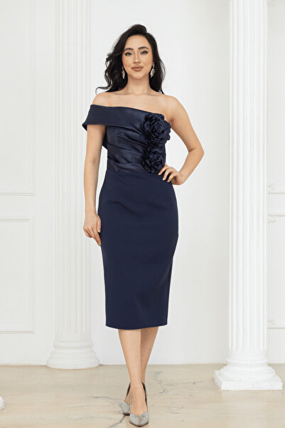 BEYBOS Double Fabric Organza Pencil Dress with Floral Detail - Dark Blue