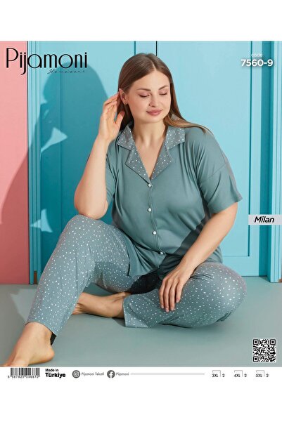 Pijamoni طقم بيجامة بأزرار وأكمام قصيرة من قماش ميلان مقاس كبير