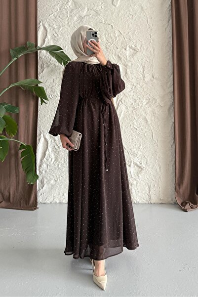 Rimel Moda Gold Price Taşlı Elbise Kahverengi