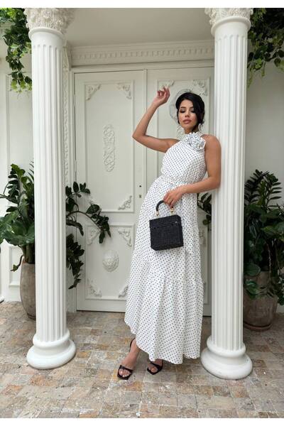 1Moda1Tarz Imported Crepe Fabric Polka Dot Patterned Rose Detailed Lined Stra...