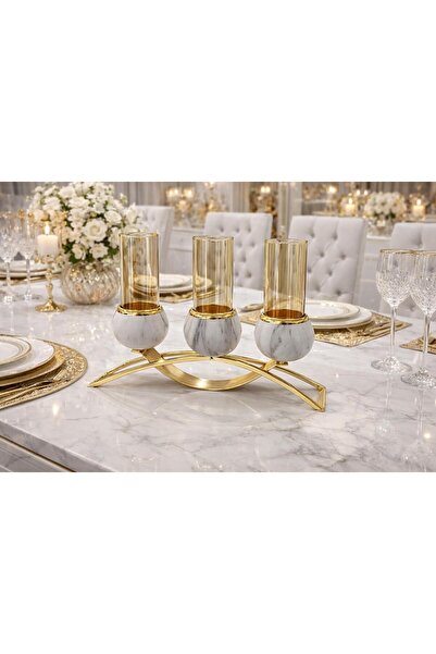 voliX Dizayn Mermer Desenli 3'LÜ Gold Köprü Şamdanlık | Mumluk | Masa Süsü | ...