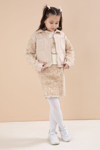 Cansın Mini Бежова розова пола с детайли и сако, 3-частен комплект за момичет...