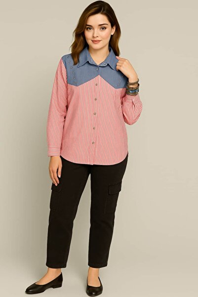 SCZ Kadın Çizgili Gömlek Detaylı Denim Yaka Bluz