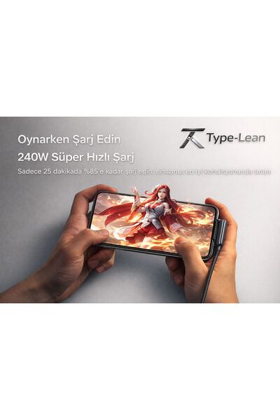 Type-Lean Standlı Type-C to Type-C Şarj Kablosu 150 CM 240W Örgülü Hızlı Şarj & Data Kablosu