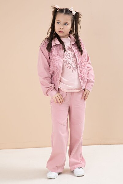 Cansın Mini Set 3 piese pentru fetițe: Jachetă roz cu trandafiri brodați pe f...