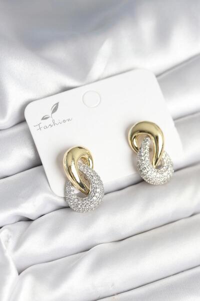 Gold Sarmal Model Gümüş Renk Zirkon Taşlı Pirinç Kadın Küpe