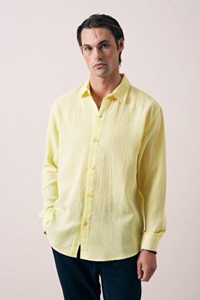 İLKCET MODA Long Sleeve Yellow Muslin Men's Shirt