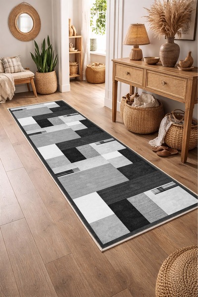 VOPTEKS Gri Siyah Halı Yolluk Makinede Yıkanabilir Halı Kaymaz Taban Halı