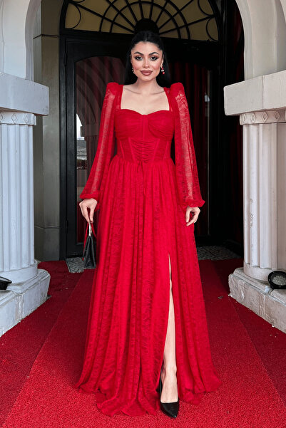 giyimmasalı Dantel Kumaş Balen Detaylı Abiye Elbise - KIRMIZI